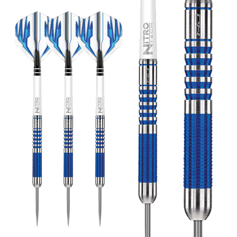 Three 90% tungsten darts with blue ringed grip, silver barrels, and white-blue flights shown in full view and macro close-up over white background