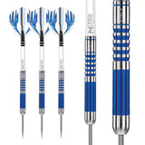 Three 90% tungsten darts with blue ringed grip, silver barrels, and white-blue flights shown in full view and macro close-up over white background