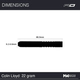 Top-down view of Colin Lloyd 90% tungsten dart barrel with dimensions 48.3mm length and 6.1-6.6mm diameter, 22g weight.