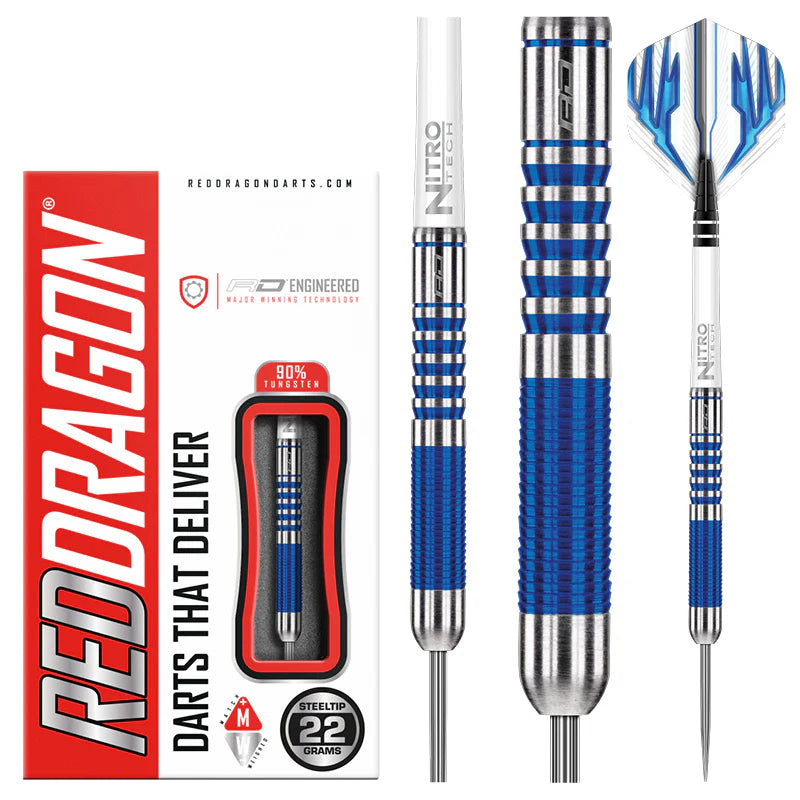Steel tip tungsten darts 22g in retail packaging and close-ups, blue ringed grip, precision barrel, assembled dart with blue flight.