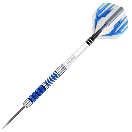 Full view tungsten dart with blue ringed grip, silver tip, white and blue patterned flight, isolated on white background