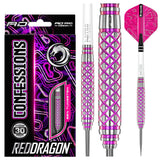 85% tungsten darts full view with packaging, pink crosshatch grip texture, steel tips, vibrant flights, white stems