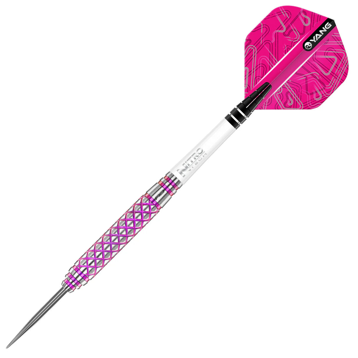 Angled full view tungsten dart isolated on white, pink cross-hatch grip, steel tip, nitro stem, and patterned flight