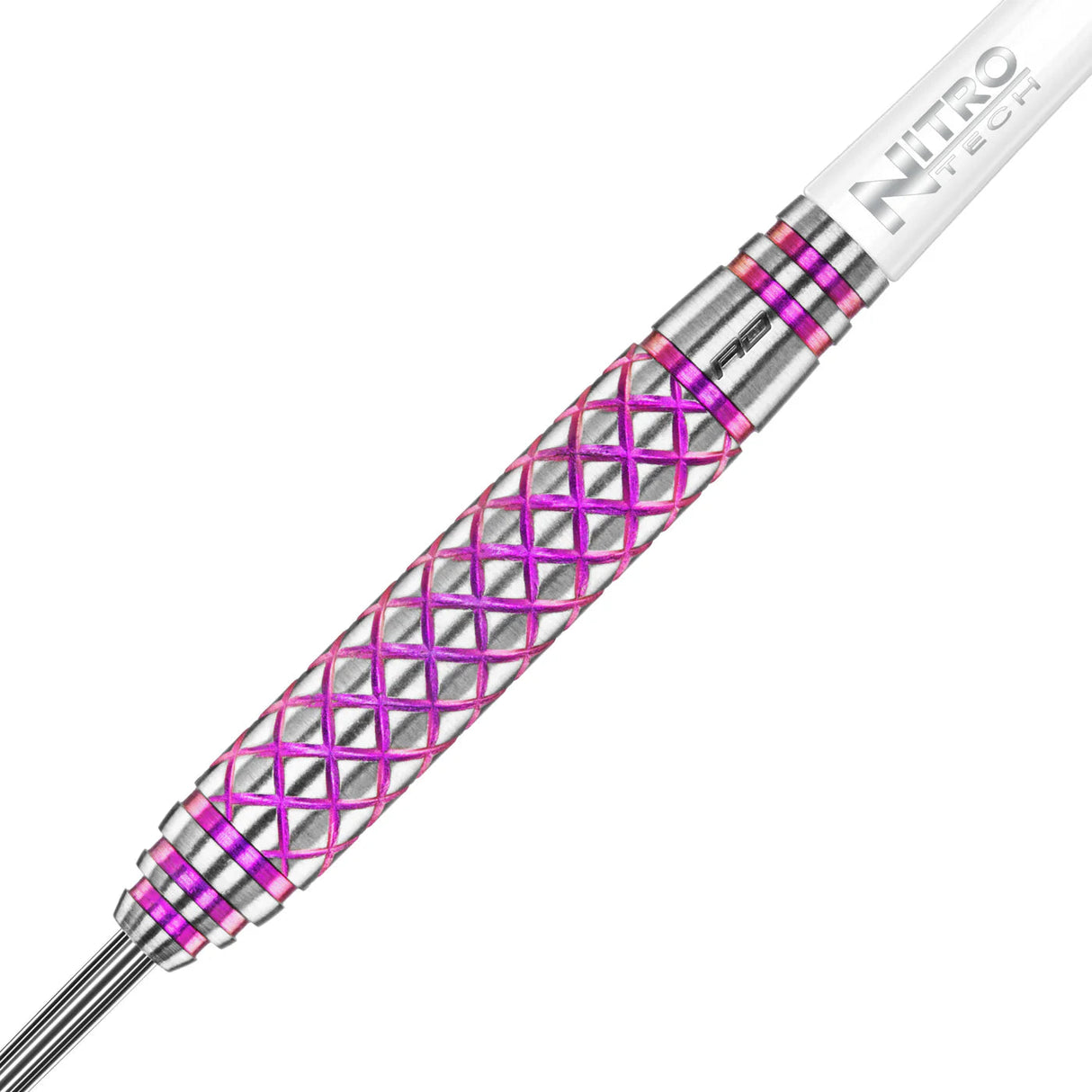 Close-up tungsten dart barrel with pink diamond grip and metallic rings, isolated on white for detailed dart grip texture view