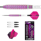 Angled view of Confessions tungsten dart set with pink grip barrel, full dart, extra shafts, flights, and packaging on white background.