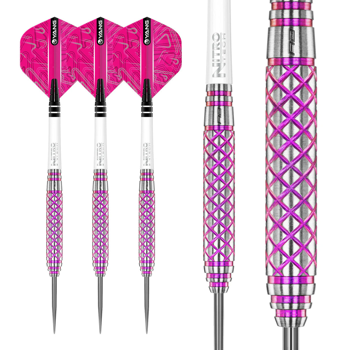 Three 85% tungsten darts with pink flights displayed on white background, close-up shows diamond textured grip barrel for enhanced control