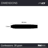 Dart barrel top-down silhouette with 48.3mm length and 7.2mm diameter dimensions, 26g, scale reference for tungsten darts