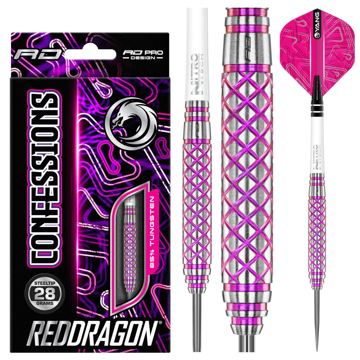 85 percent tungsten darts set with case, close-up of diamond grip barrel, pink flights, steel tips, and 28g weight
