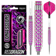 85% tungsten darts with pink diamond-patterned grip, steel tip, matching flights, and retail packaging on white background