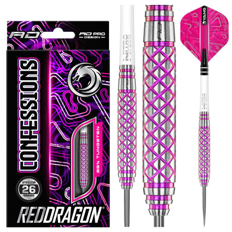 85% tungsten darts with pink diamond-patterned grip, steel tip, matching flights, and retail packaging on white background