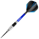 Angled tungsten dart with precision grip barrel, blue Nitro Tech shaft, and textured black-blue flights on white background