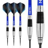 Three 90% tungsten darts with black-blue flights and a macro close-up of precision ringed barrel grip, shown on white background