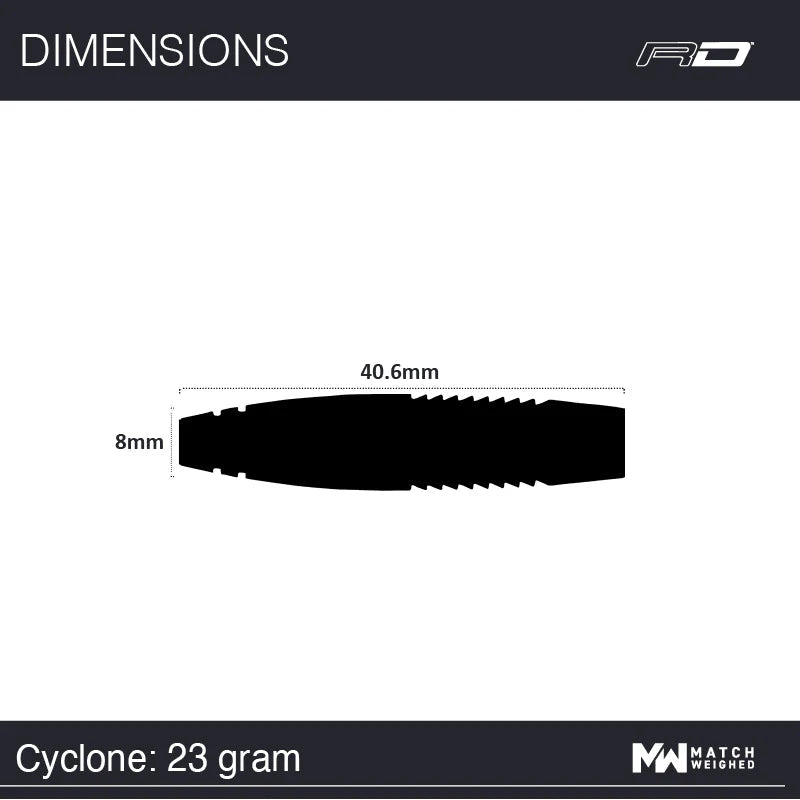 Dart barrel dimension diagram showing 40.6mm length and 8mm diameter, single tungsten dart barrel silhouette, isolated on white