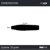 Side view of Cyclone 25g tungsten dart barrel silhouette with 43.2mm length and 8mm diameter scale reference