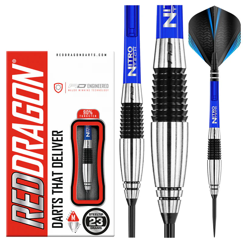 Full-view tungsten steel tip darts set with blue stems, black and silver grips, packaging and close-up of textured barrel design