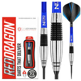 Full-view tungsten steel tip darts set with blue stems, black and silver grips, packaging and close-up of textured barrel design