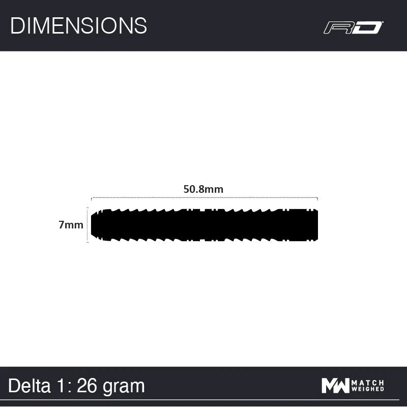 Delta 1 tungsten dart barrel side profile with 50.8mm length and 7mm diameter dimensions for 26g weight