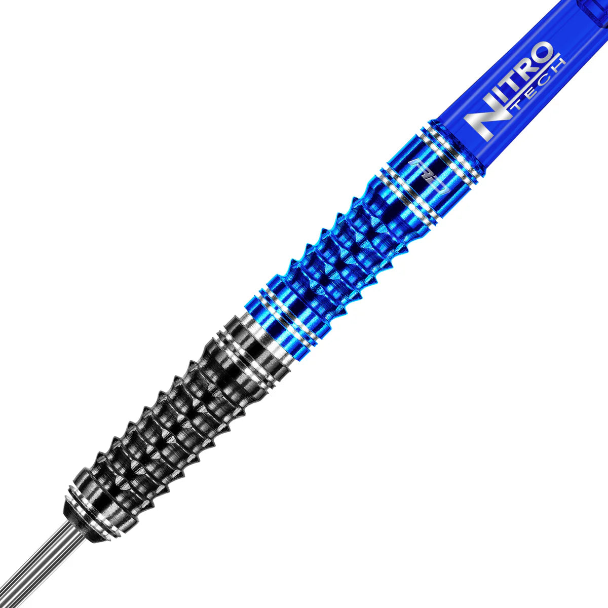 Close-up angled view of 90% tungsten dart barrel with Delta Grip texture and blue shaft, isolated on white background