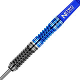 Close-up angled view of 90% tungsten dart barrel with Delta Grip texture and blue shaft, isolated on white background