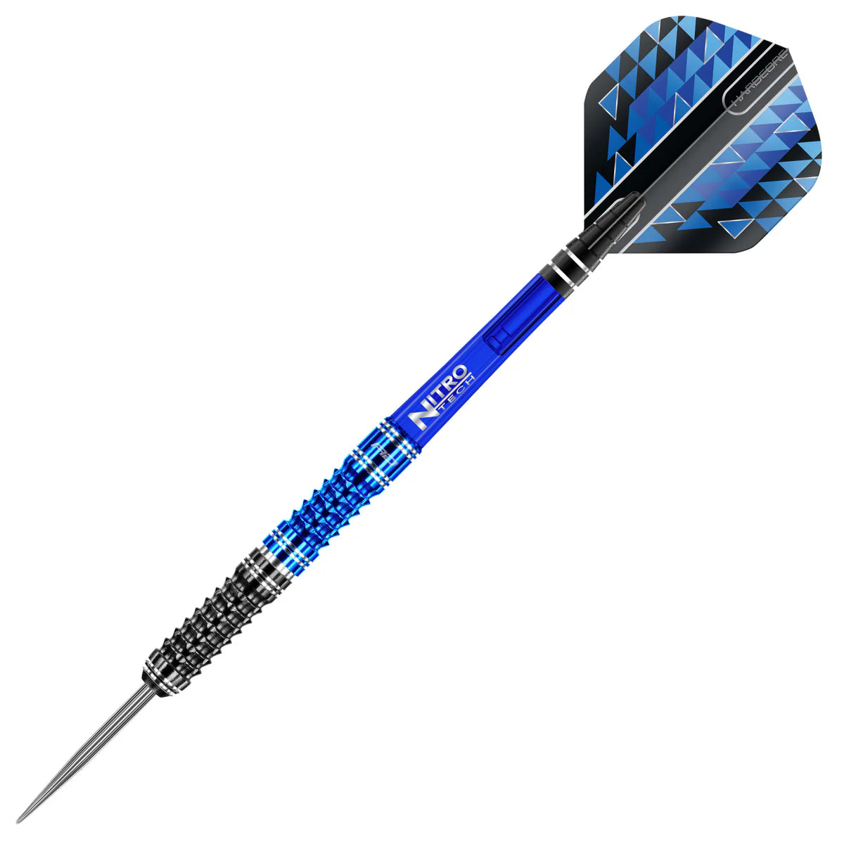 Full view tungsten dart with textured grip, blue shaft, and blue patterned flight on white background