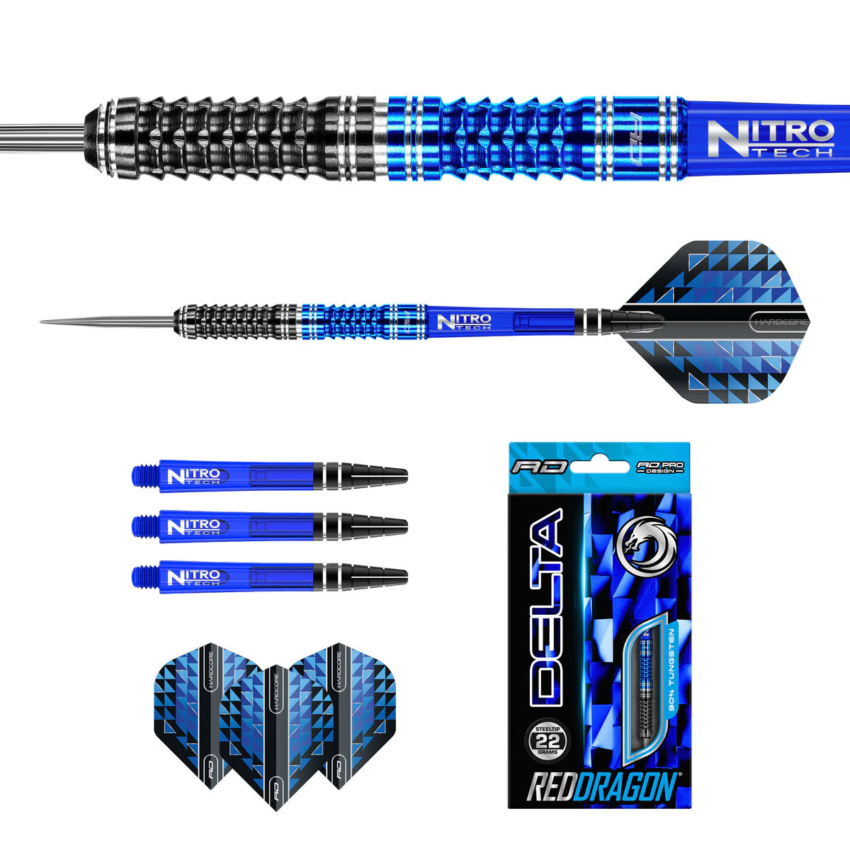 Full view and close-up of 90% tungsten dart with Delta grip, spare blue shafts, geometric flights, and retail box on white background