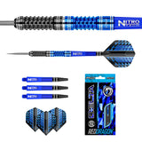 Full view and close-up of 90% tungsten dart with Delta grip, spare blue shafts, geometric flights, and retail box on white background