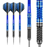Set of three 90% tungsten darts with blue and black barrels, close-up of Delta Grip textured barrel, isolated on white background