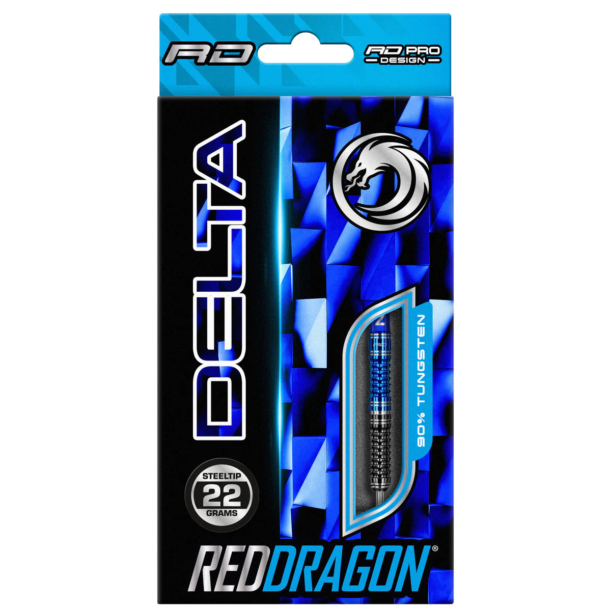 Steel tip tungsten dart in retail packaging with grip texture visible, 22 grams, front view, blue geometric display, 90 percent tungsten barrel