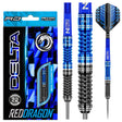 Tungsten darts set with blue-black 3D grip, detailed barrel texture, geometric flights, and retail packaging shown on white background