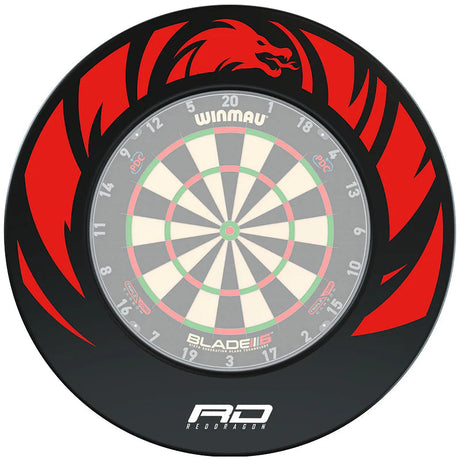 Top view of dartboard fitted with red and black dragon design surround, polymer ring for dart protection, isolated on white