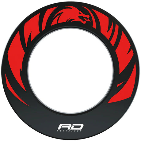 Top-down view of dartboard surround ring, black with bold red dragon graphics, isolated on white, essential dart equipment accessory