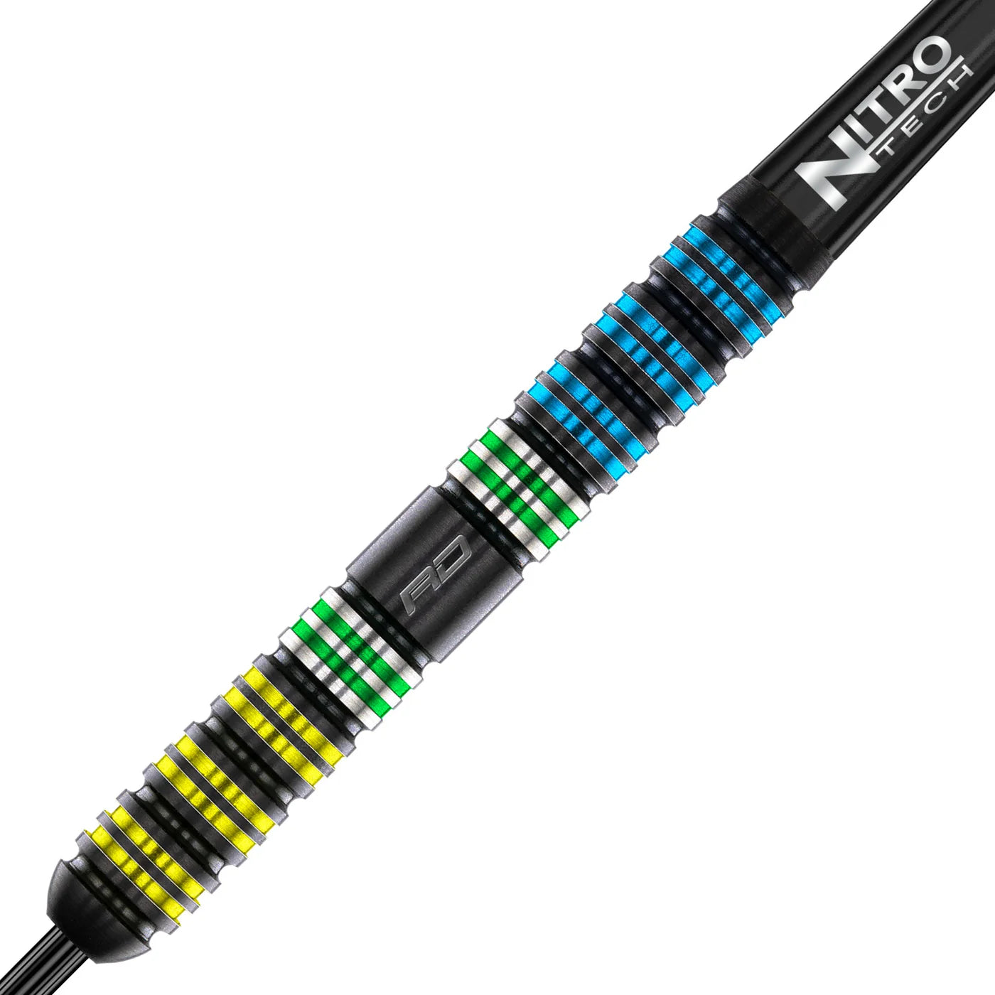 Close-up dart barrel macro shows black parallel 95% tungsten grip rings with blue, green, and yellow detailing on white background