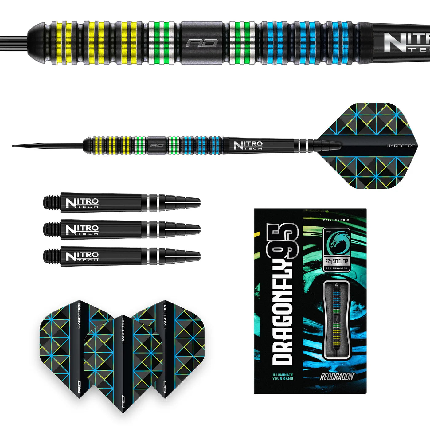 Top-down view of Dragonfly 95 95% tungsten darts set with black parallel barrel, spare shafts, flights, packaging, and close-up grip rings