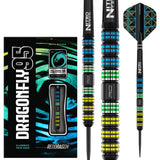 95% tungsten steel tip darts with blue, green, and yellow ringed barrel grips, shown with retail packaging on white background