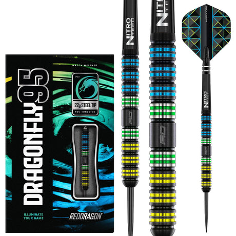 95% tungsten steel tip darts with blue, green, and yellow ringed barrel grips, shown with retail packaging on white background
