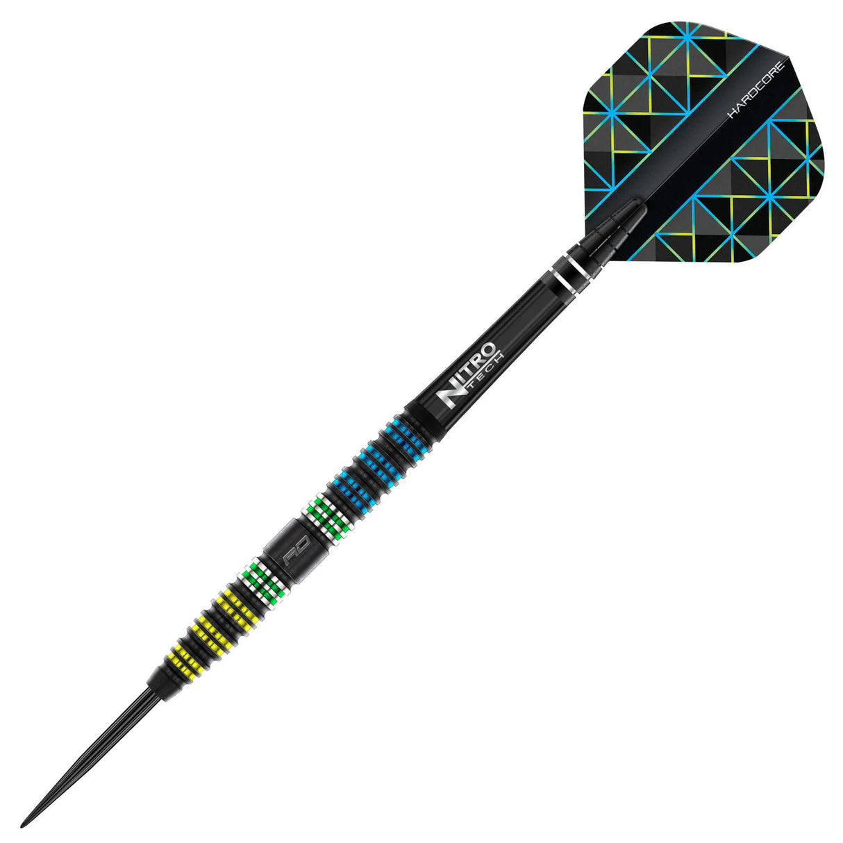 Angled full view of a black tapered 95% tungsten dart with colored grip rings and patterned flight, isolated on white background
