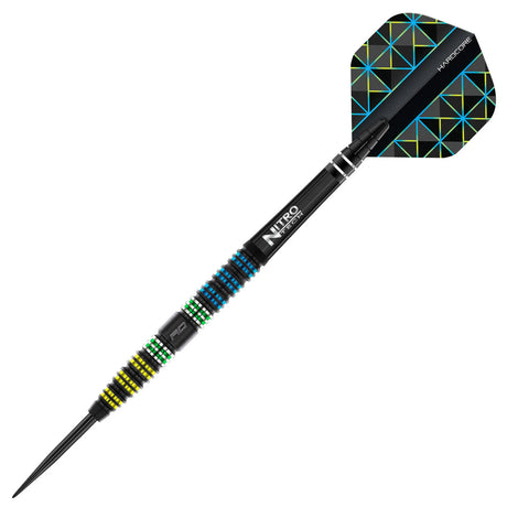 Angled full view of a black tapered 95% tungsten dart with colored grip rings and patterned flight, isolated on white background