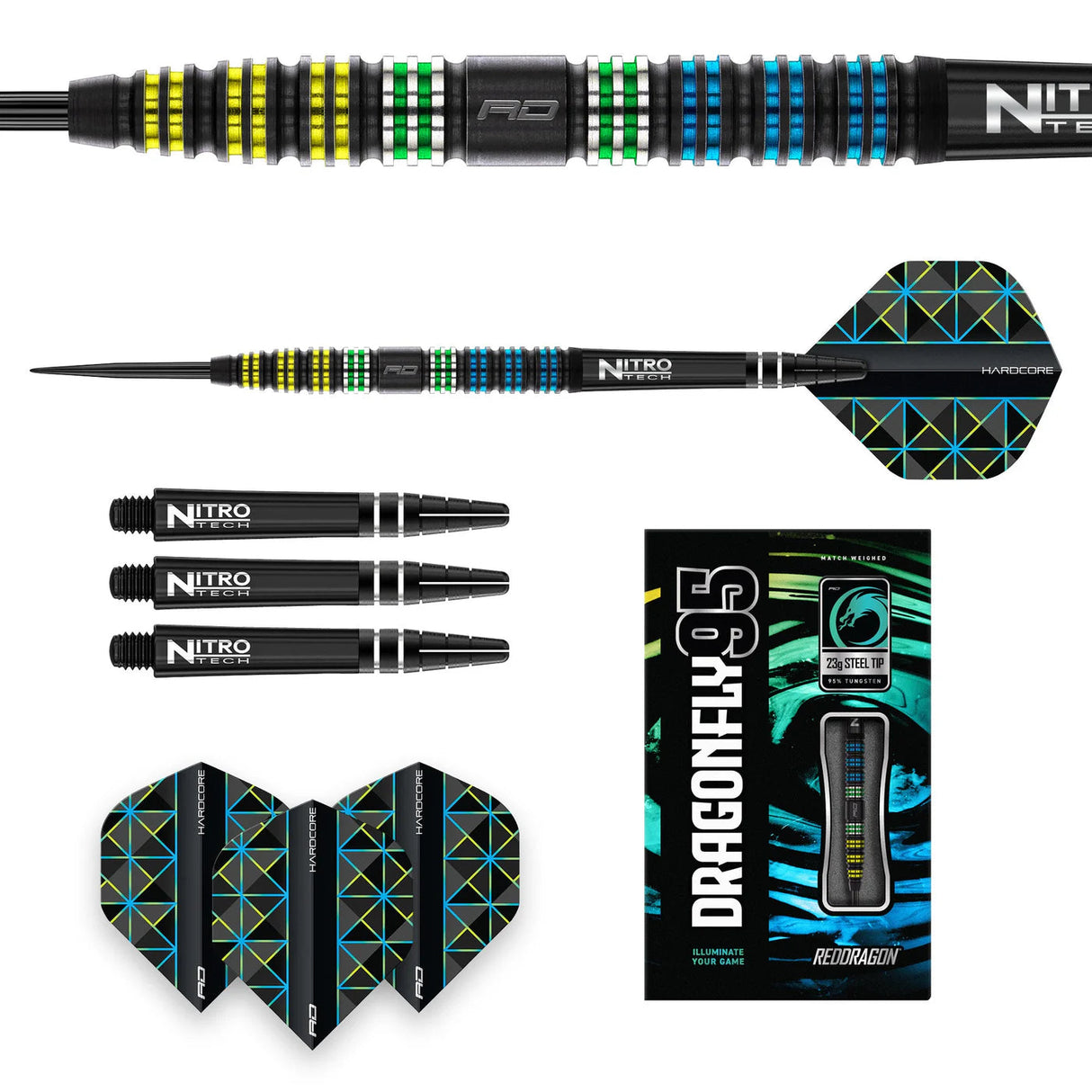 Full set of Dragonfly 95 black tungsten darts with close-up grip detail, extra shafts, flights, and retail box on white background