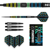 Full set of Dragonfly 95 black tungsten darts with close-up grip detail, extra shafts, flights, and retail box on white background