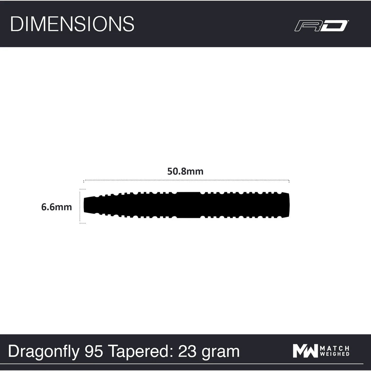 Top-down view of Dragonfly 95 dart barrel silhouette with 50.8mm length and 6.6mm diameter for tungsten dart size reference