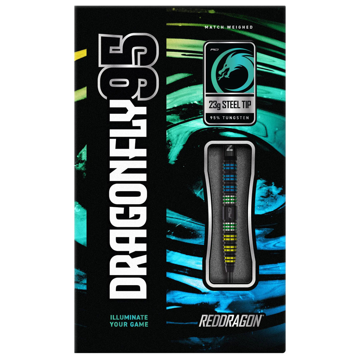 Tapered 95% tungsten steel tip dart in retail packaging with window display, highlighting grip detail, 23g weight, dart specs and colorful branding