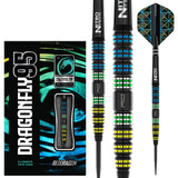 Full view of Dragonfly 95 black tapered 95% tungsten steel tip darts with packaging, close-up on grip rings and blue, green, yellow barrel accents.