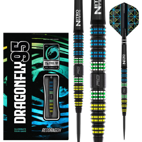 Full view of Dragonfly 95 black tapered 95% tungsten steel tip darts with packaging, close-up on grip rings and blue, green, yellow barrel accents.