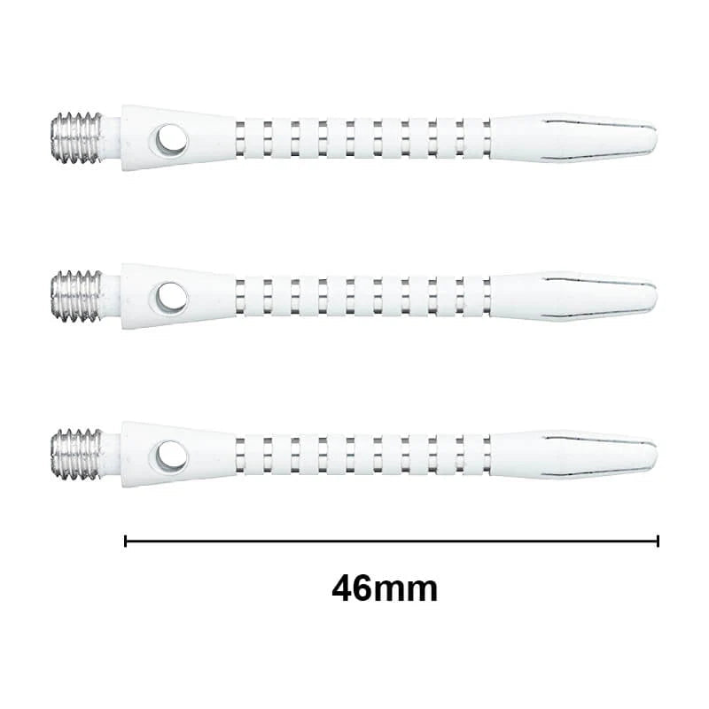 Three white aluminium dart shafts with grip grooves, top-down view, 46mm length marked for size comparison