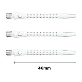 Three white aluminium dart shafts with grip grooves, top-down view, 46mm length marked for size comparison