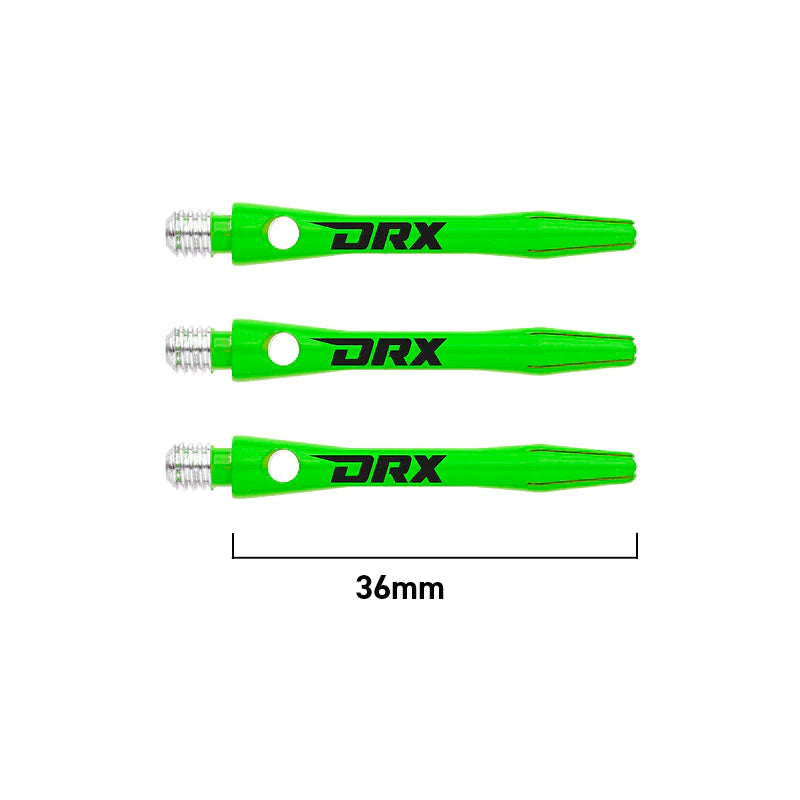 Three green DRX-coated aluminium dart shafts 36mm long, isolated on white, emphasizing threaded tips and logo for darts players