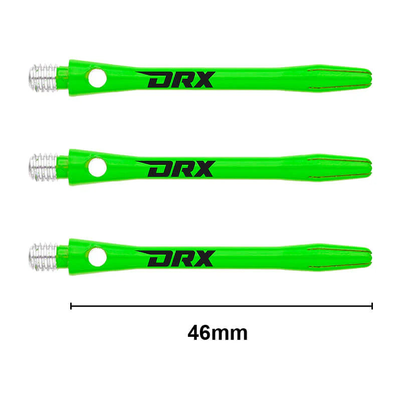 Three green DRX-coated aluminium dart shafts displayed side by side, isolated on white with 46mm length scale and visible threaded tips