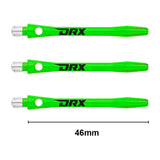 Three green DRX-coated aluminium dart shafts displayed side by side, isolated on white with 46mm length scale and visible threaded tips