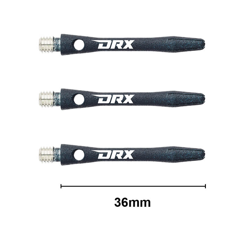 Three DRX-coated aluminium dart shafts laid flat, 36mm length scale, showing threaded ends and logo, on white background