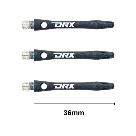 Three DRX-coated aluminium dart shafts laid flat, 36mm length scale, showing threaded ends and logo, on white background